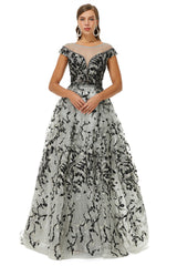 Formal Dresses Black, A-line Jewel Beaded Floor-length cap sleeve Sequined Prom Dresses