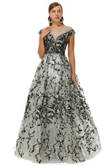 Formal Dress Black, A-line Jewel Beaded Floor-length cap sleeve Sequined Prom Dresses