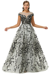 Formal Dresses On Sale, A-line Jewel Beaded Floor-length cap sleeve Sequined Prom Dresses