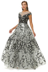 Formal Dress On Sale, A-line Jewel Beaded Floor-length cap sleeve Sequined Prom Dresses