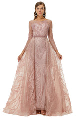 Formal Dress Attire, A-line Jewel Floor-length Long Sleeve Appliques Lace Sequined Prom Dresses