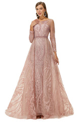 Formal Dress Store, A-line Jewel Floor-length Long Sleeve Appliques Lace Sequined Prom Dresses