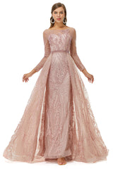 Formal Dress Stores, A-line Jewel Floor-length Long Sleeve Appliques Lace Sequined Prom Dresses
