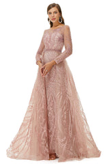 Formal Dresses Online, A-line Jewel Floor-length Long Sleeve Appliques Lace Sequined Prom Dresses