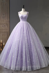 Summer Wedding Guest Dress, A Line Lilac Tulle Long Prom Dresses, Lilac Long Formal Evening Dresses