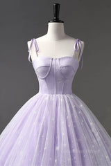 Open Back Prom Dress, A Line Lilac Tulle Long Prom Dresses, Lilac Long Formal Evening Dresses