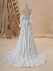 Wedding Dress Shoulders, A-line Long Sleeves Chiffon Sweetheart Appliques Lace Court Train Corset Convertible Wedding Dress