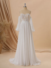 Wedding Dress Shoulder, A-line Long Sleeves Chiffon Sweetheart Appliques Lace Court Train Corset Convertible Wedding Dress