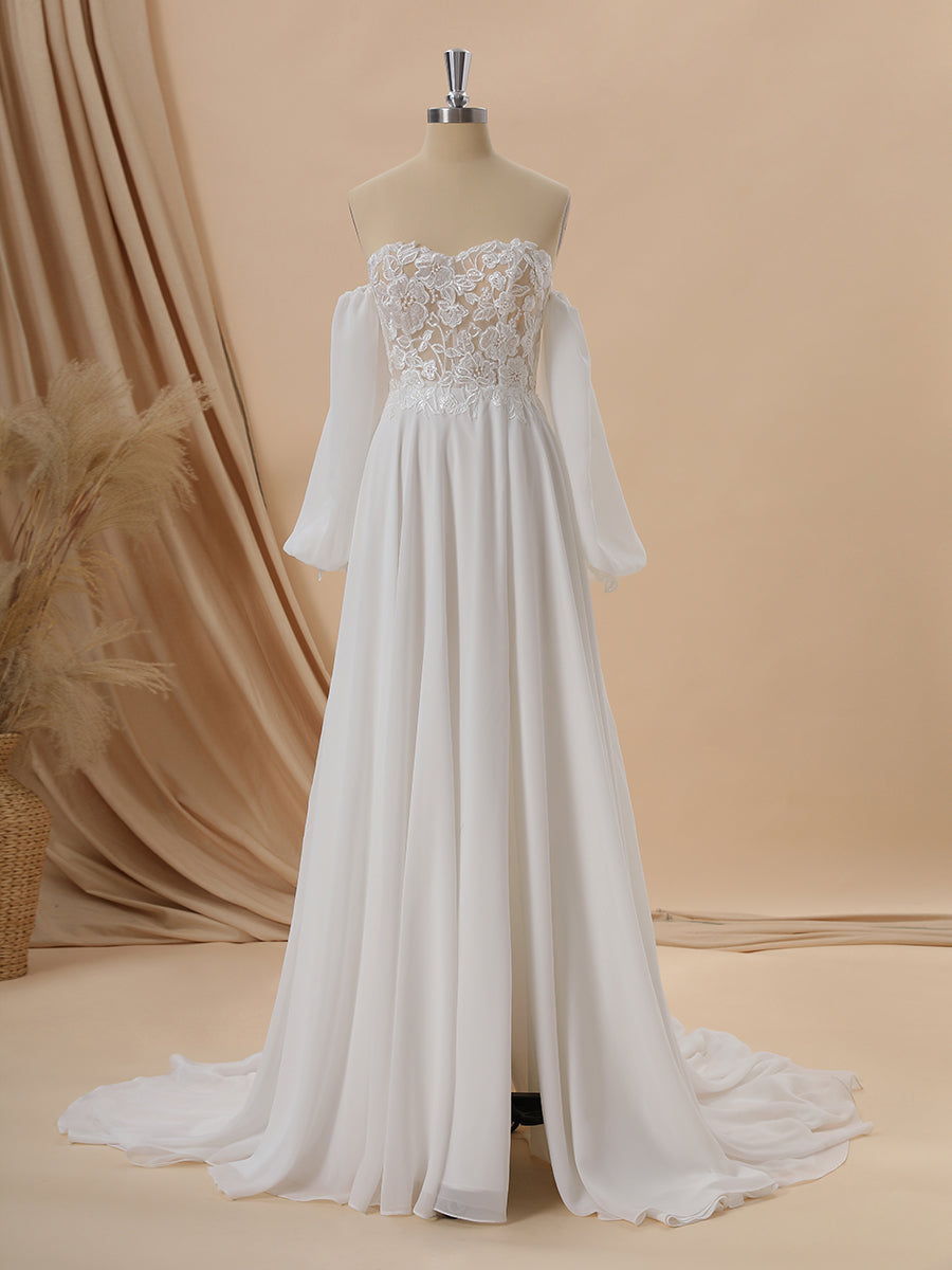 Wedding Dresses Shoulder, A-line Long Sleeves Chiffon Sweetheart Appliques Lace Court Train Corset Convertible Wedding Dress