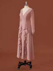 Formal Dresses Australia, A-line Long Sleeves Chiffon V-neck Ruffles Tea-Length Bridesmaid Dress