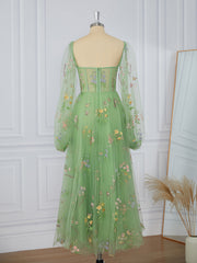 Hoco Dress, A-line Long Sleeves Lace Sweetheart Flower Corset Tea-Length Dress