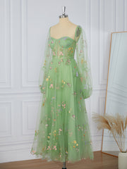 Elegant Dress, A-line Long Sleeves Lace Sweetheart Flower Corset Tea-Length Dress
