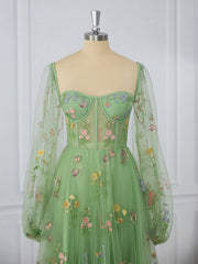 Dress Outfit, A-line Long Sleeves Lace Sweetheart Flower Corset Tea-Length Dress