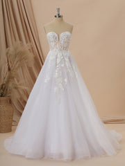 Wedding Dress Shape, A-line Long Sleeves Tulle Sweetheart Appliques Lace Chapel Train Corset Convertible Wedding Dress