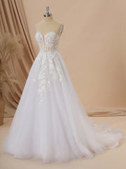 Wedding Dress Shapes, A-line Long Sleeves Tulle Sweetheart Appliques Lace Chapel Train Corset Convertible Wedding Dress