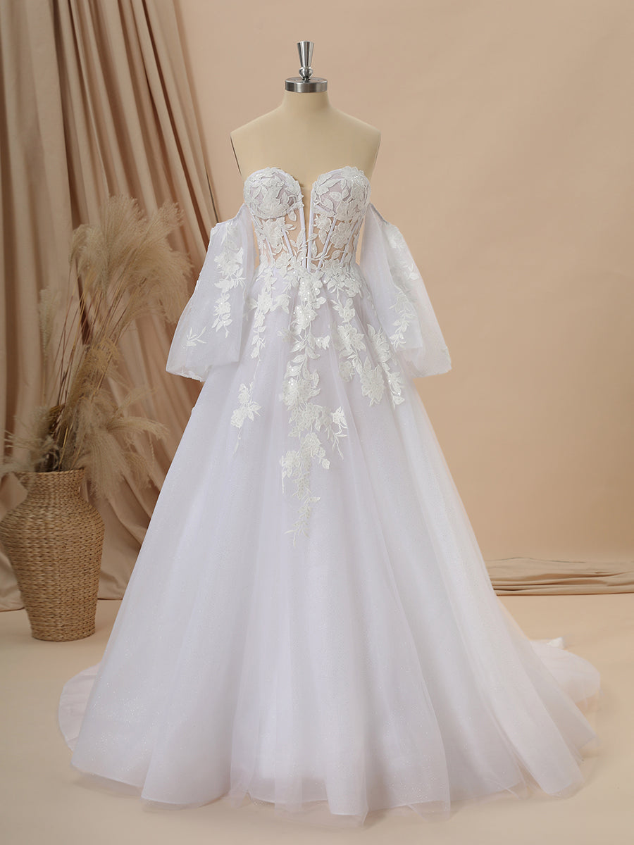 Wedding Dress Uk, A-line Long Sleeves Tulle Sweetheart Appliques Lace Chapel Train Corset Convertible Wedding Dress