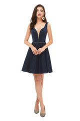 Homecoming Dress Under 76, A-Line Navy Blue V-neck Mini Short Beading Homecoming Dresses k08