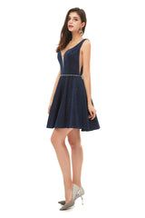Homecomming Dresses Cute, A-Line Navy Blue V-neck Mini Short Beading Homecoming Dresses k08