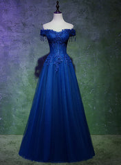 Spring Wedding, A-line Off Shoulder Blue Beaded and Lace Long Party Dress, Blue Formal Dress