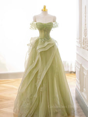 Black Bridesmaid Dress, A-Line Off Shoulder Green Lace Long Prom Dress, Green Formal Dress