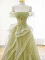 Purple Prom Dress, A-Line Off Shoulder Green Lace Long Prom Dress, Green Formal Dress