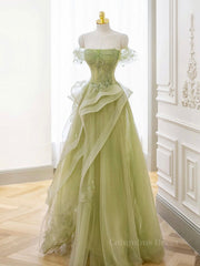 Satin Dress, A-Line Off Shoulder Green Lace Long Prom Dress, Green Formal Dress