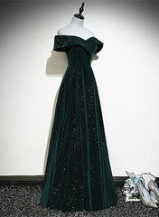 Elegant Wedding, A-line Off Shoulder Green Velvet Simple Party Dress, Green Prom Dress Formal Dress