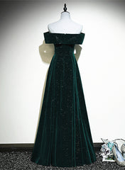 Wedding Pictures Ideas, A-line Off Shoulder Green Velvet Simple Party Dress, Green Prom Dress Formal Dress