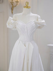 Evening Dresses Yde, A-Line Off Shoulder Satin ivory Long Prom Dress, Ivory  Long Bridesmaid Dress