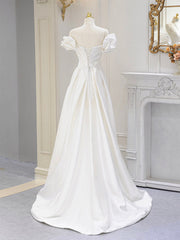 Evening Dress Yde, A-Line Off Shoulder Satin ivory Long Prom Dress, Ivory  Long Bridesmaid Dress