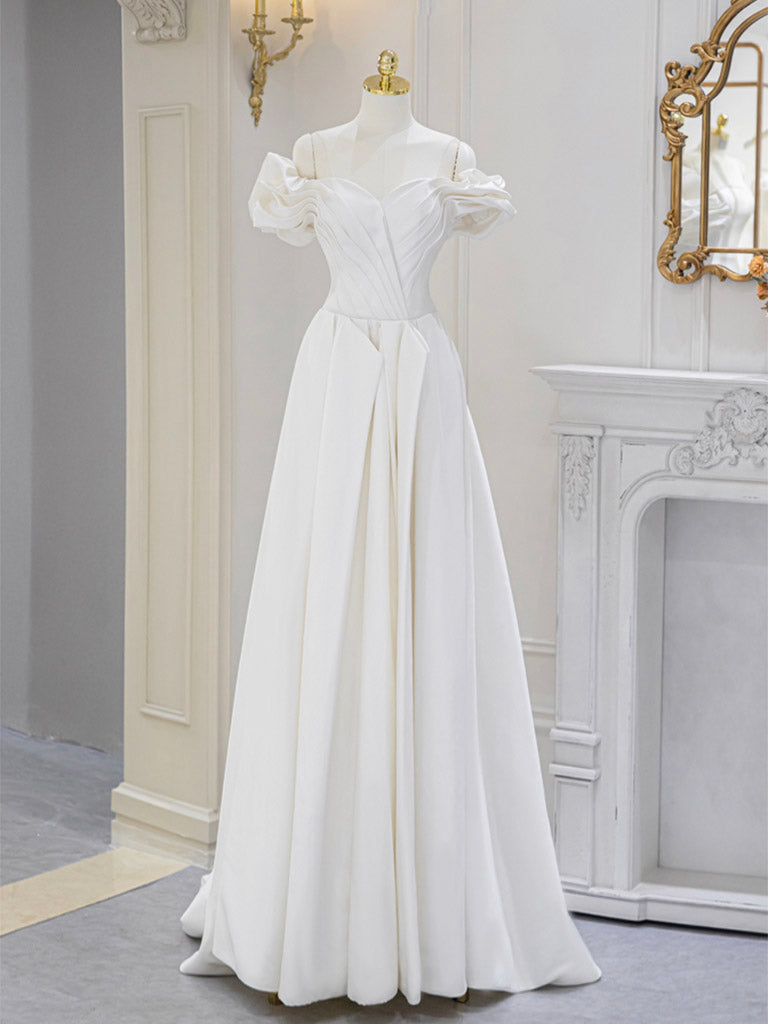 Evening Dress Dresses, A-Line Off Shoulder Satin ivory Long Prom Dress, Ivory  Long Bridesmaid Dress