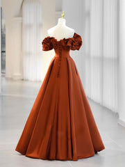 Prom Dresses Shops, A-Line Off Shoulder Satin Orange Long Prom Dress, Orange Formal Evening Dress