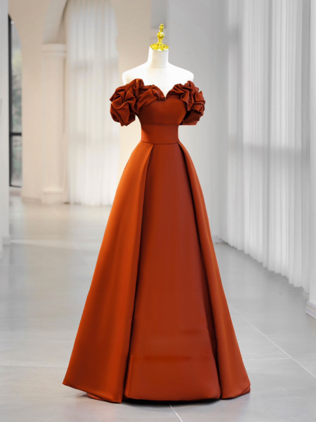 Prom Dresses Shopping, A-Line Off Shoulder Satin Orange Long Prom Dress, Orange Formal Evening Dress