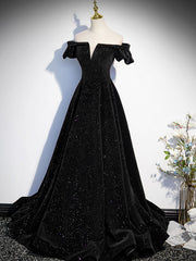 Prom Dress Online, A-Line Off Shoulder Velvet Black Long Prom Dresses, Black Formal Evening Dress