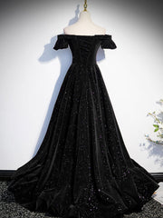 Prom Dresses Floral, A-Line Off Shoulder Velvet Black Long Prom Dresses, Black Formal Evening Dress