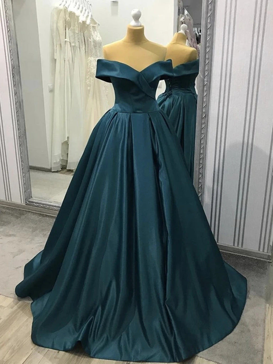 Party Dresses Australia, A-line Off the Shoulder Long Prom Dresses Satin Formal Evening Gowns