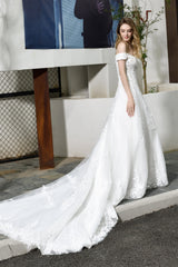 Wedding Dress Backless, A-line Off the Shoulder Long Wedding Dresses