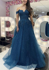 Homecoming Dresses Blues, A-line Off-the-Shoulder Regular Straps Long/Floor-Length Tulle Prom Dress With Appliqued Glitter