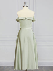 Prom Dresses 2037, A-line Off-the-Shoulder Ruffles Tea-Length Charmeuse Bridesmaid Dress