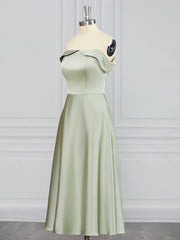 Prom Dresses Ideas, A-line Off-the-Shoulder Ruffles Tea-Length Charmeuse Bridesmaid Dress