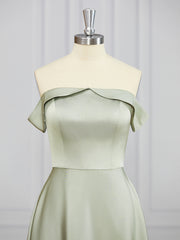 Prom Dress Unique, A-line Off-the-Shoulder Ruffles Tea-Length Charmeuse Bridesmaid Dress