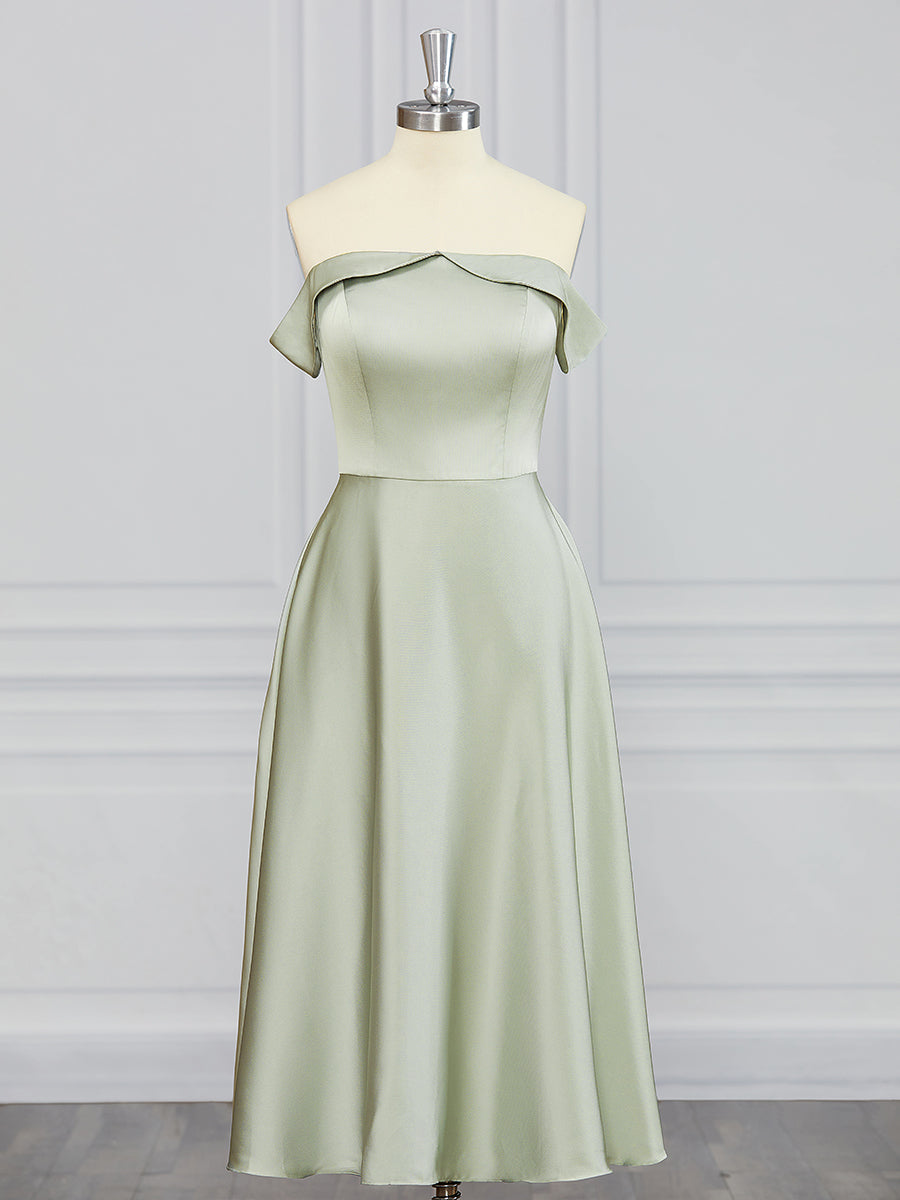 Prom Dress Under 217, A-line Off-the-Shoulder Ruffles Tea-Length Charmeuse Bridesmaid Dress