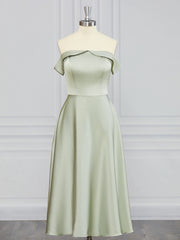 Prom Dress Under 217, A-line Off-the-Shoulder Ruffles Tea-Length Charmeuse Bridesmaid Dress