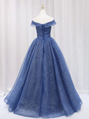 Bridesmaid Dresses Mauve, A Line Off the Shoulder Shiny Blue Long Prom Dresses, Off Shoulder Shiny Blue Formal Evening Dresses