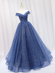 Wedding Photography, A Line Off the Shoulder Shiny Blue Long Prom Dresses, Off Shoulder Shiny Blue Formal Evening Dresses