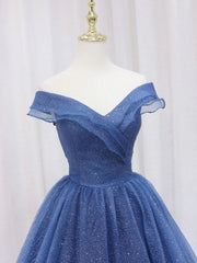 Flower Girl, A Line Off the Shoulder Shiny Blue Long Prom Dresses, Off Shoulder Shiny Blue Formal Evening Dresses