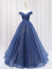 Bridesmaid Dress Mauve, A Line Off the Shoulder Shiny Blue Long Prom Dresses, Off Shoulder Shiny Blue Formal Evening Dresses