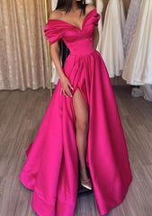 Prom Dress Size 45, A-line Off-the-Shoulder Short Sleeve Satin Long/Floor-Length Prom Dress With Ruffles Split