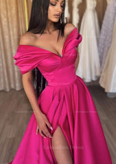 Prom Dresses 2051 Cheap, A-line Off-the-Shoulder Short Sleeve Satin Long/Floor-Length Prom Dress With Ruffles Split