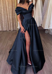 Prom Dresses Princess Style, A-line Off-the-Shoulder Short Sleeve Satin Long/Floor-Length Prom Dress With Ruffles Split